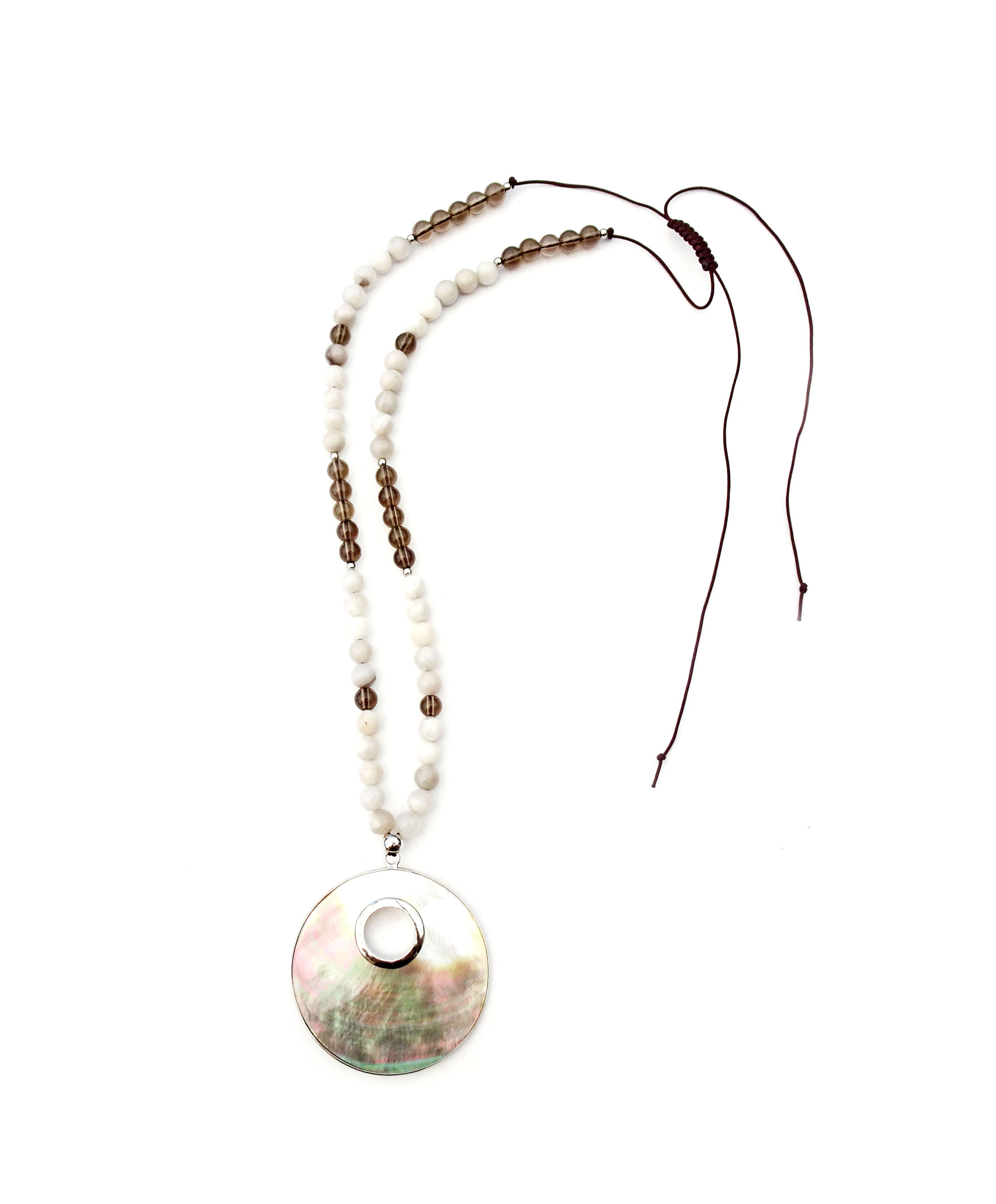 Collier ajustable réalisé en pierre naturelle Agate grise et Quartz fumé