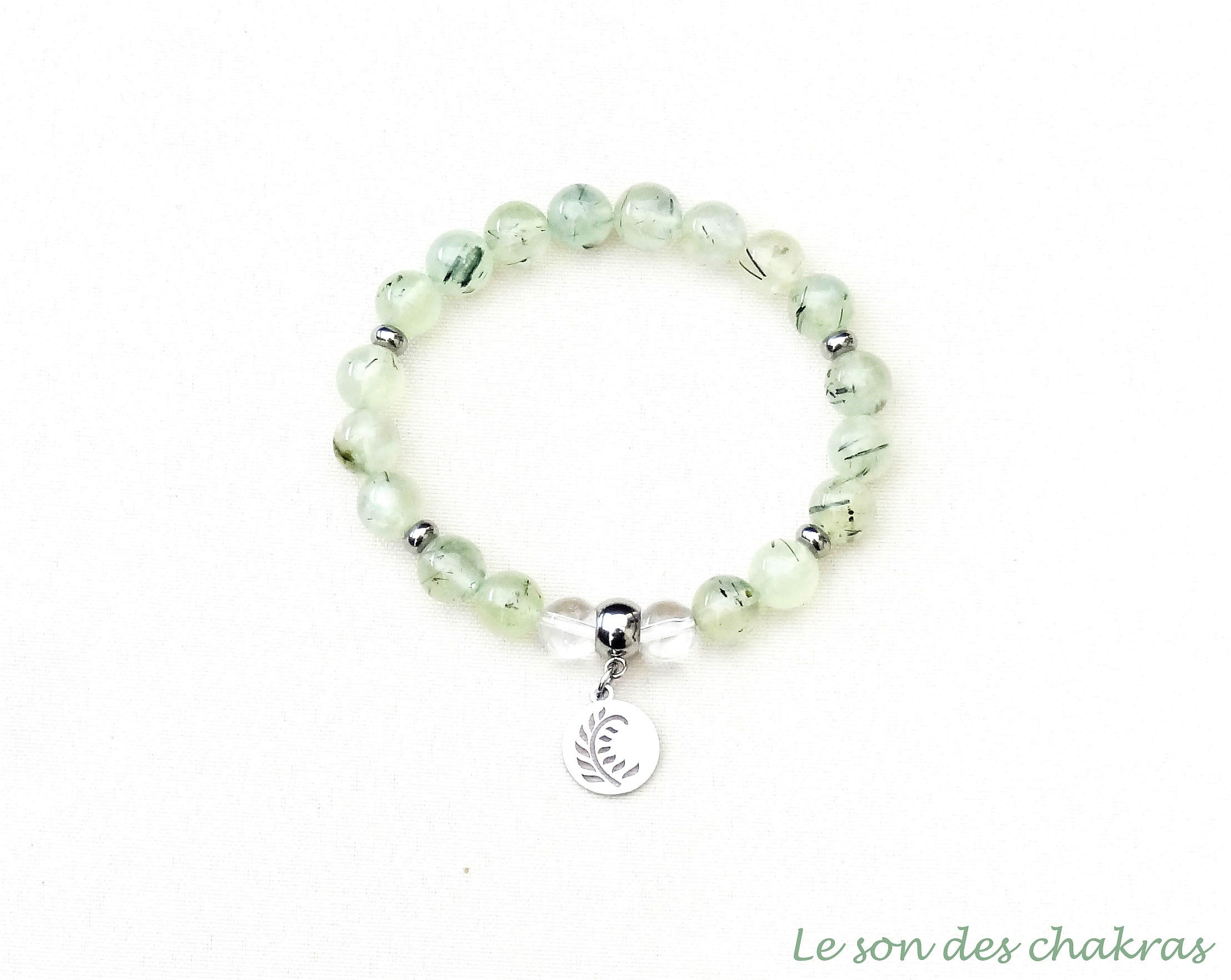 Bracelet 8 mm en pierre naturelle Préhnite de Canada et Cristal de roche
