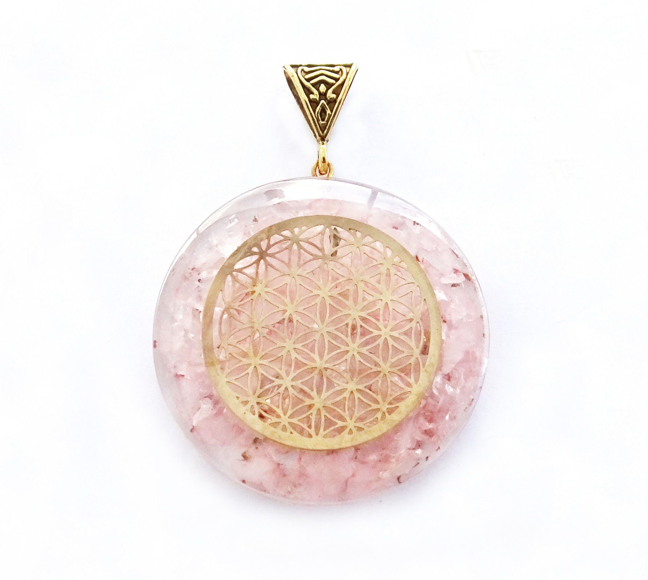 Pendentif en Orgonite et Quartz rose symbole Fleur de Vie