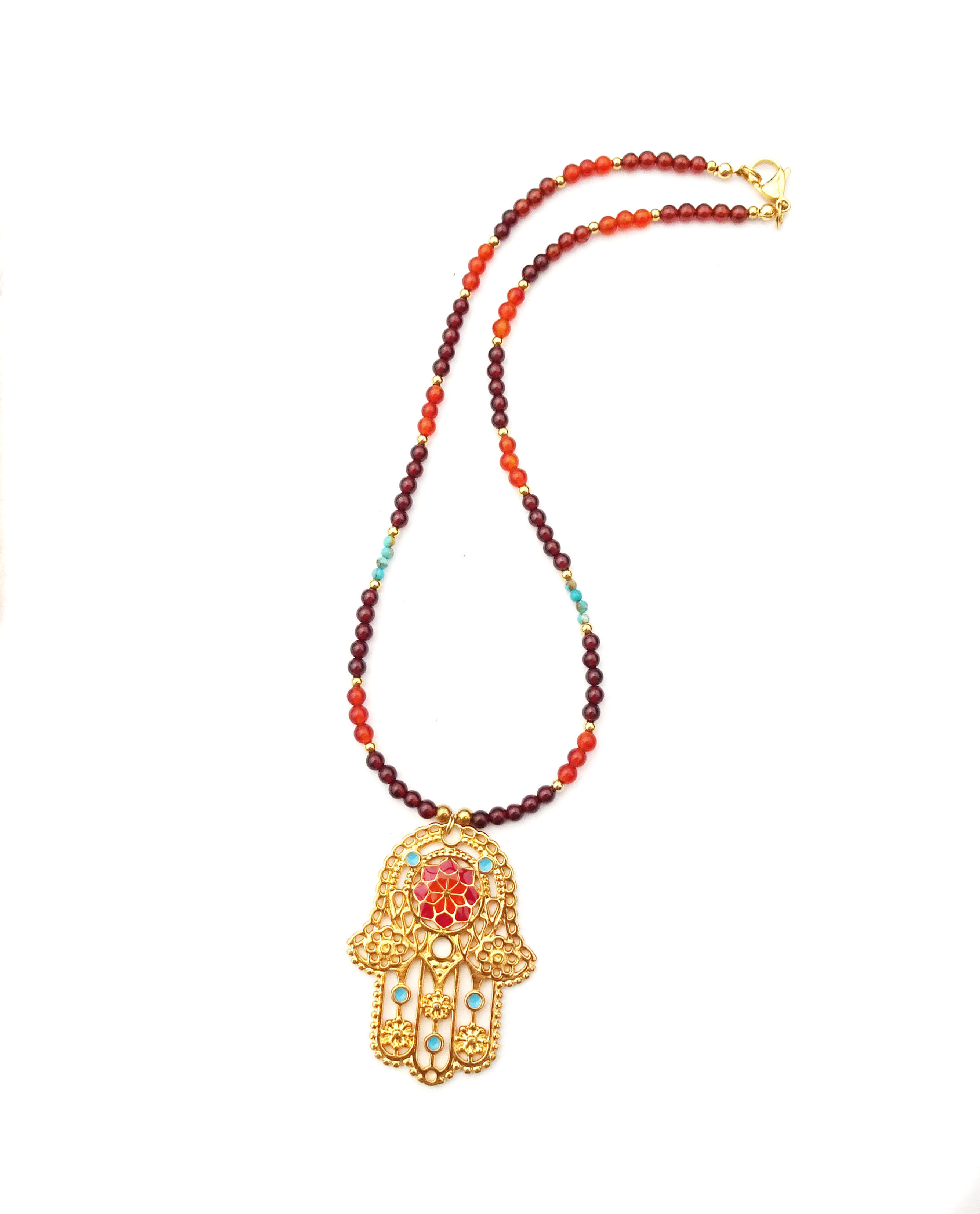 Collier Main de Fatma en pierre naturelle Grenat, Cornaline et Turquoise