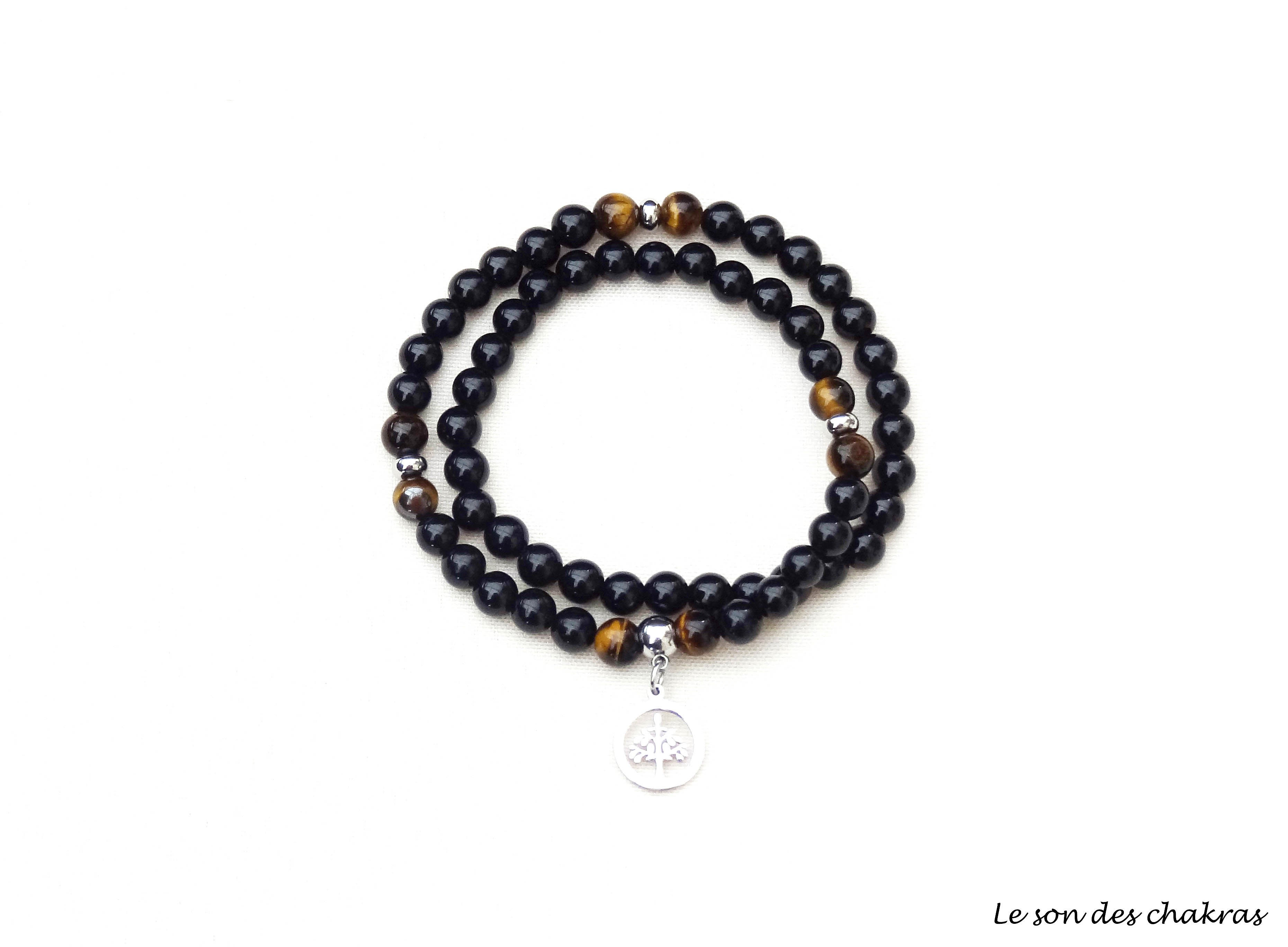 Bracelet double tour réalisé en pierre naturelle Tourmaline noire - Œil de tigre