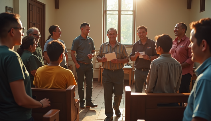 High angle view of a parish community event with volunteers engaging attendees