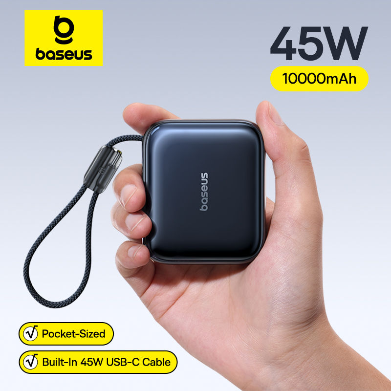 Baseus 45W Mini Power Bank 10000mAh Built-In USB-C Cable Pocket-Sized Smaller Fa