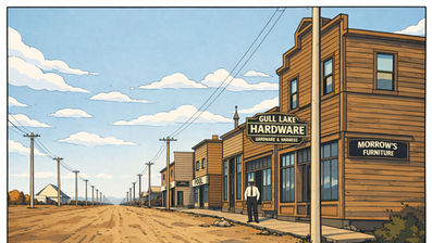 Old western main street with wooden storefronts, a lone man on sidewalk, and signs for Gull Lake Hardware and Morrow’s Furniture.