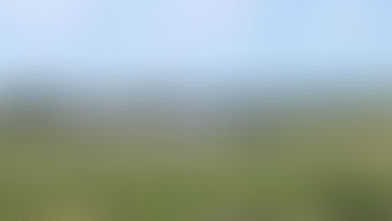 Gas station in a rural landscape with a truck and cars parked. Green fields and a clear sky in the background, creating a serene mood.