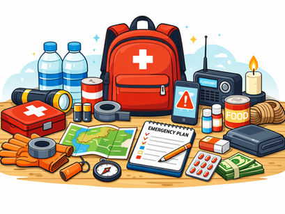 Emergency kit items on a wooden table: red backpack, water, flashlight, map, first aid, radio, food, candle, gloves, compass, and plan.