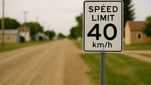 Speed limit sign of 40 km/h on a rural dirt road with grassy sides and buildings in the background, conveying a calm, countryside setting.