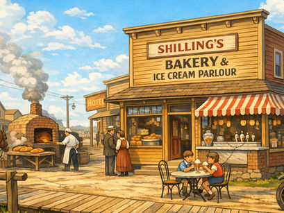 Children eat ice cream at a table outside a bakery with a striped awning. A baker removes bread from an oven. A horse stands nearby.