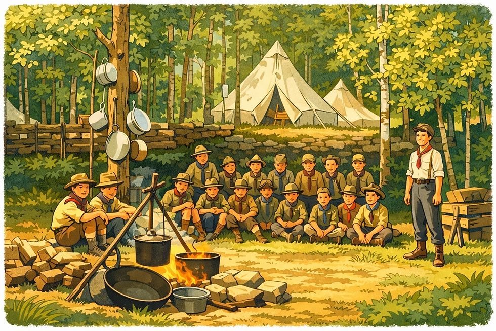 Boy Scouts gather by a campfire with cooking pots in a forest camp, tents behind them, smiling leader at right.