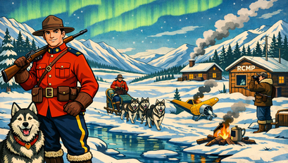 RCMP officers with sled dogs in snowy mountains under green aurora, near cabins, a campfire, and a small plane.