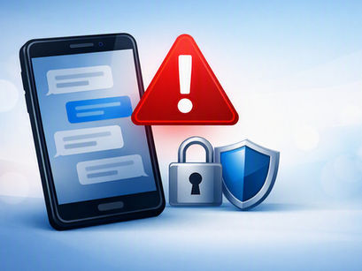 Smartphone with chat bubbles beside a red warning triangle, padlock, and shield on a blue security-themed background