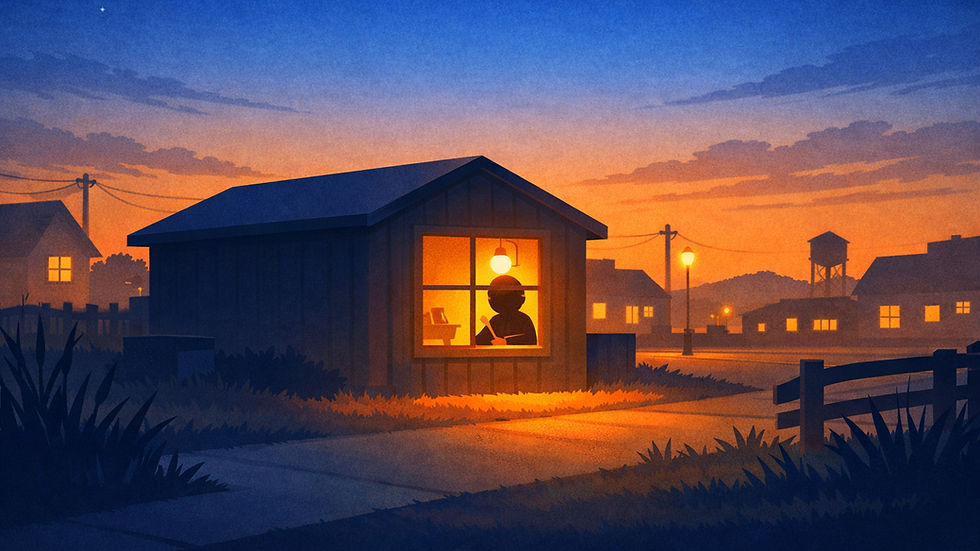 Silhouetted person in a lit cottage window at dusk, with a quiet village, streetlights, and orange-blue sky.
