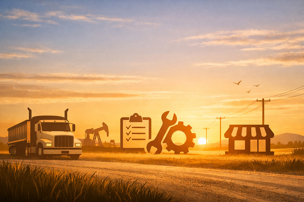 Truck, oil pumpjack, checklist, wrench and gear icons beside a storefront on a rural road at sunset, with warm golden sky.