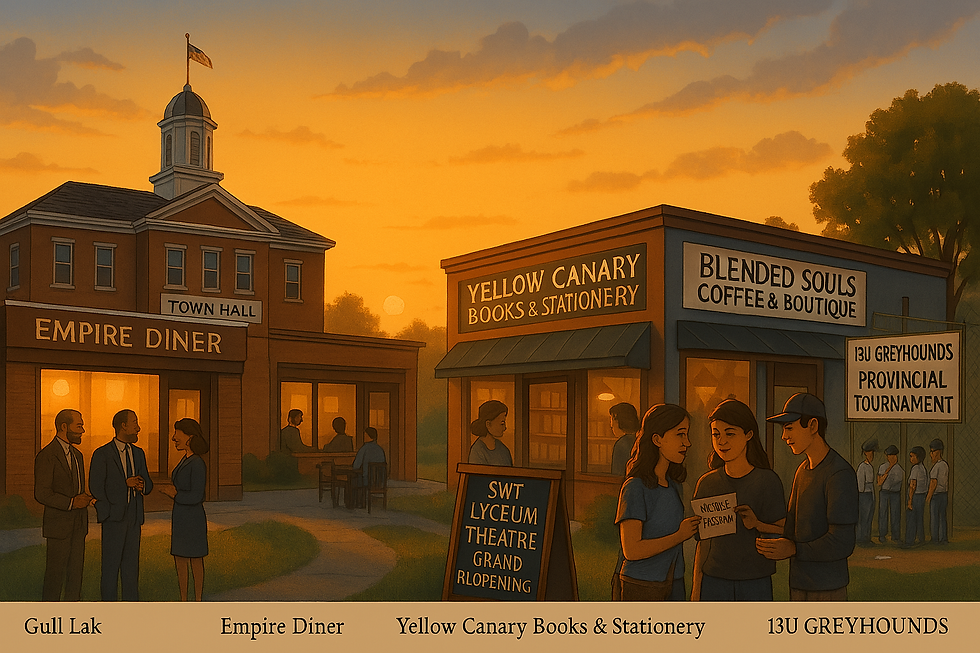 Town hall and shops at sunset, people chatting. Signs read Empire Diner, Yellow Canary Books, Blended Souls, and 13U Greyhounds Tournament.