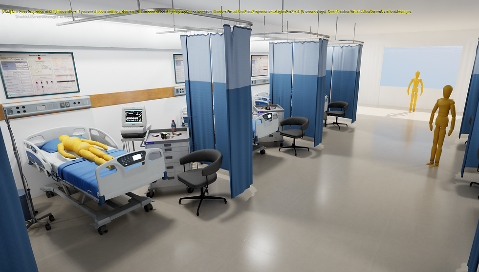 Early layout of a hospital ward with Unreal Mannequin stand-ins showing scale.