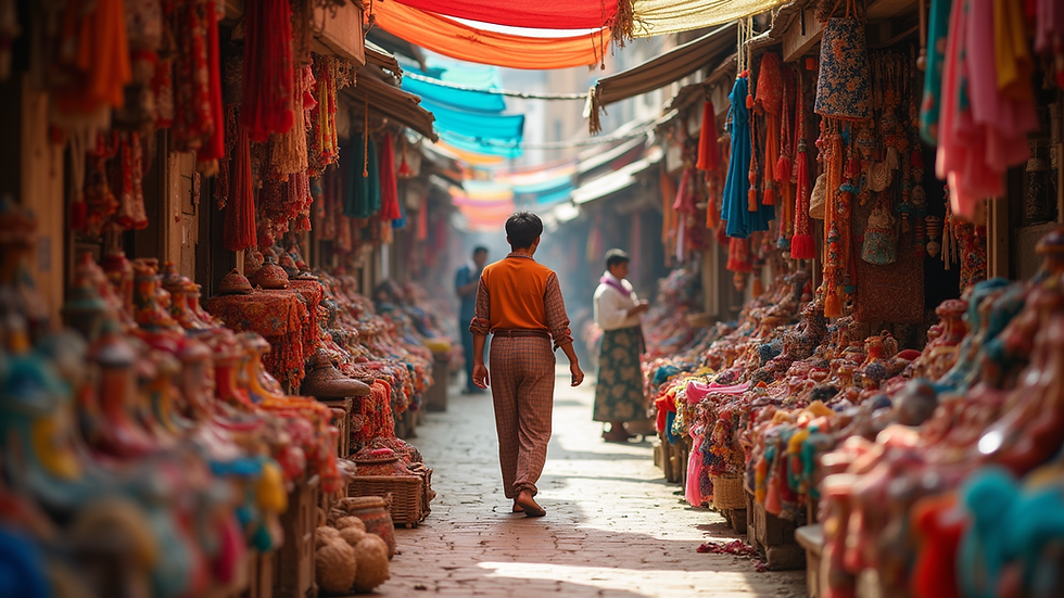 Eye-level view of a vibrant handicraft market filled with colorful handmade items