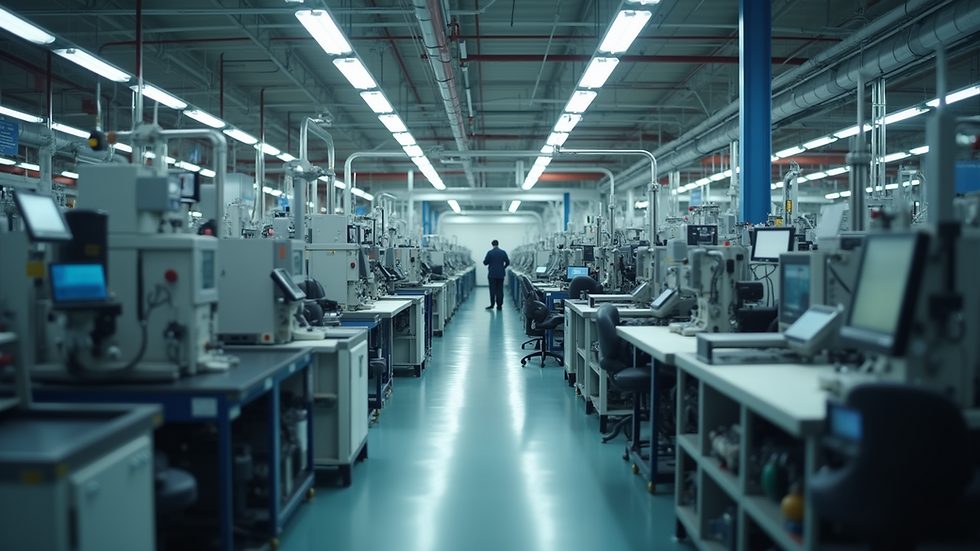 High angle view of a modern factory with automated machinery