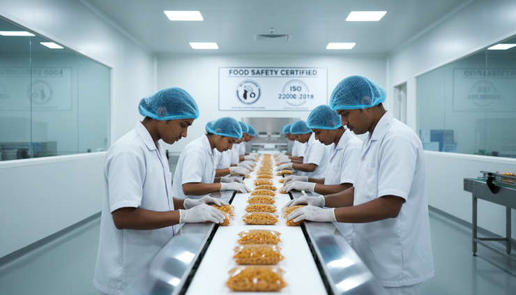 Wide-angle view of a clean Indian food processing line with sealed packages moving on a conveyor