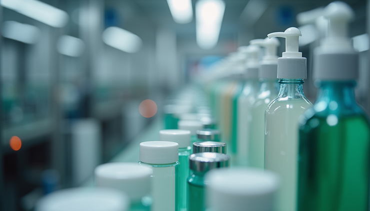 Close-up view of a cosmetics manufacturing line with bottles and packaging