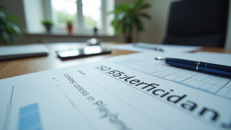 Eye-level view of an ISO certification document on a desk