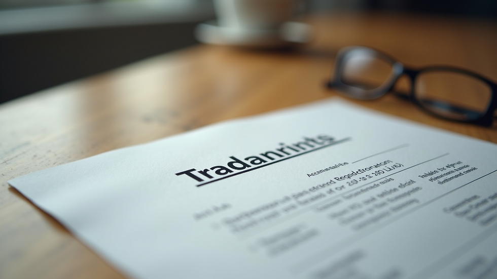 Eye-level view of a trademark registration document on a wooden desk