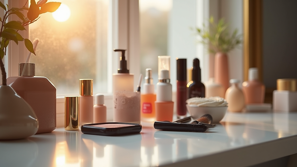Close-up view of various cosmetic products on a vanity table
