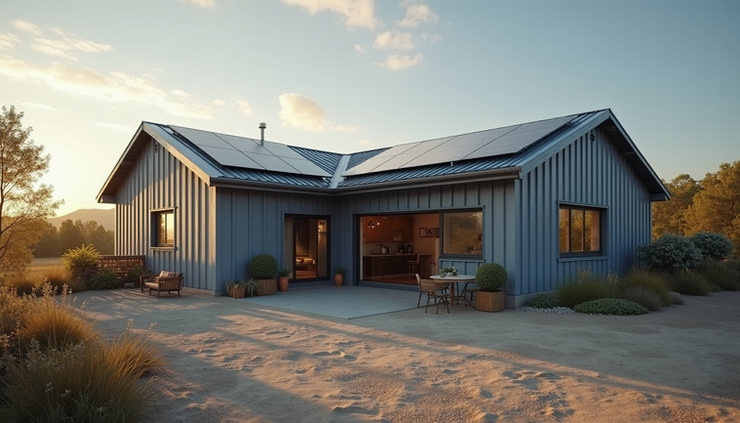 Eye-level view of a small manufacturing workshop with solar panels on the roof