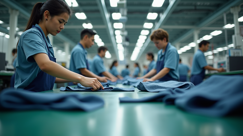 Eye-level view of factory floor with workers inspecting garments