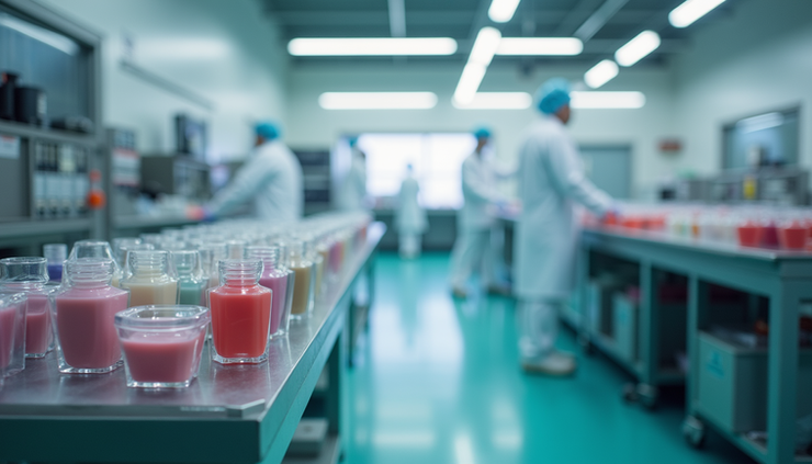 Eye-level view of a cosmetic manufacturing facility showing organized production lines and quality control stations