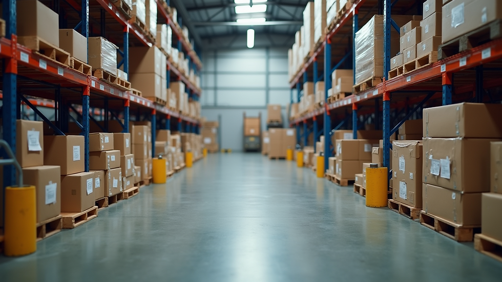 Eye-level view of a warehouse with organized goods ready for shipment
