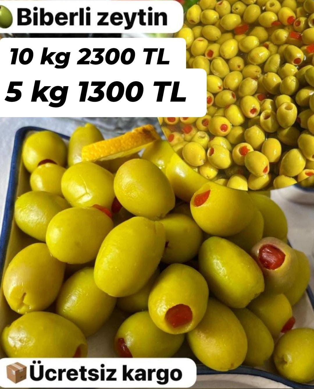 Biberli Yeşil Zeytin, Dolgulu, Doğal Salamura, 5 KG ve 10 KG Seçenekli