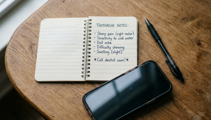 Overhead view of a small notebook listing toothache symptoms beside a phone