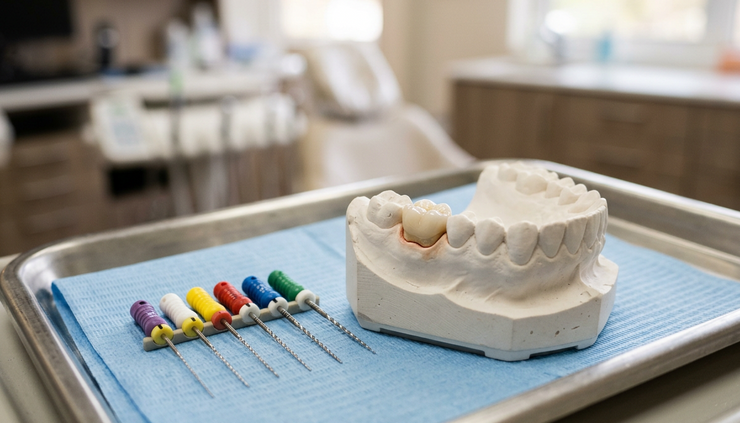 Close-up view of a dental model with a single molar highlighted beside endodontic files