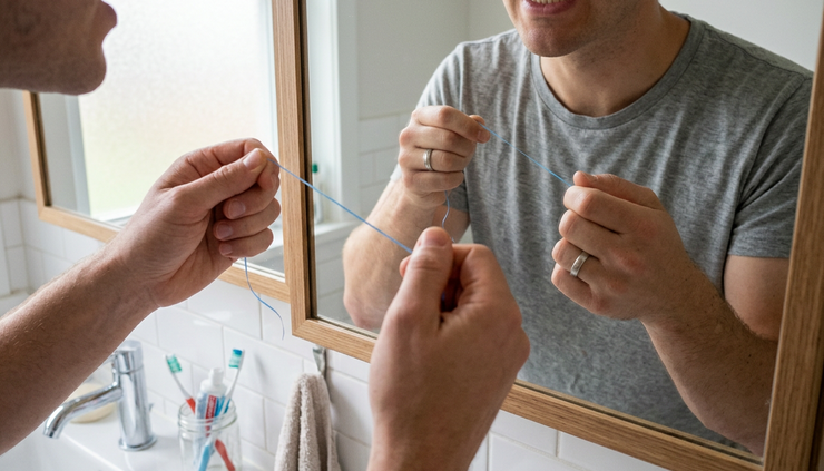 Close-up view of a person flossing teeth in front of a bathroom mirror.