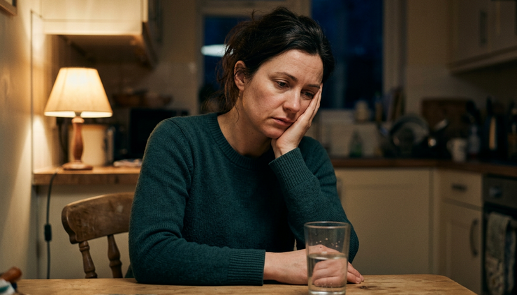 Close-up view of a person holding their cheek while sitting at a kitchen table at night