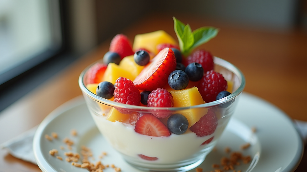 Eye-level view of a colorful fruit and yogurt parfait