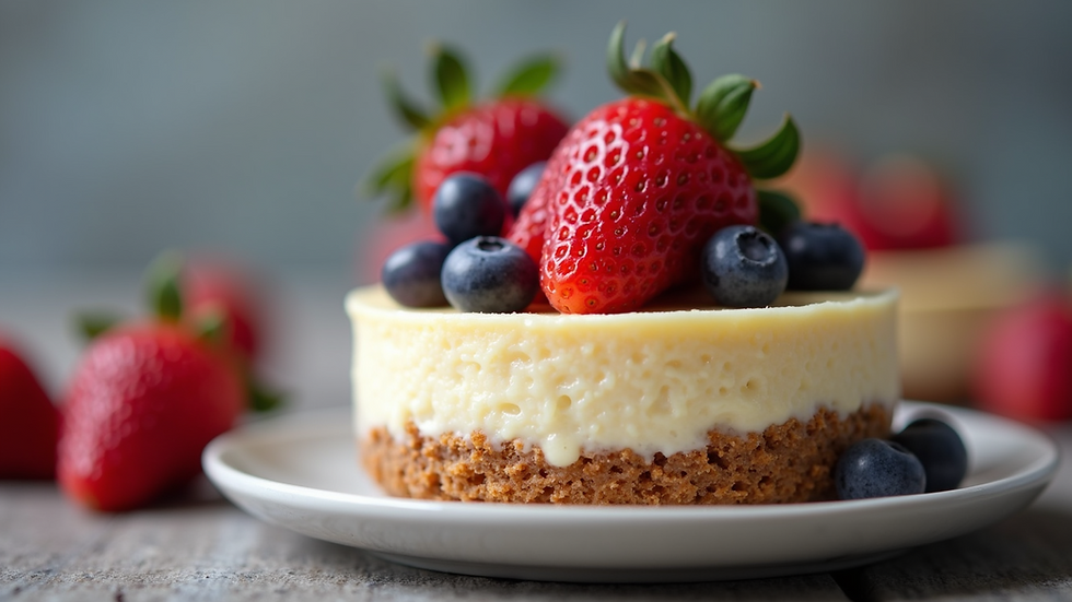 Close-up view of a no-bake cheesecake cup topped with fresh berries