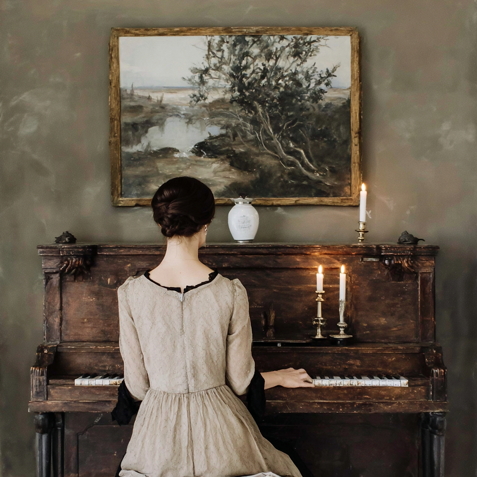A woman in a vintage dress plays an antique piano in a dimly lit room, her back to the viewer. Three lit candles softly illuminate the scene, casting gentle shadows. Above her hangs a serene landscape painting, contributing to the room's nostalgic ambiance.