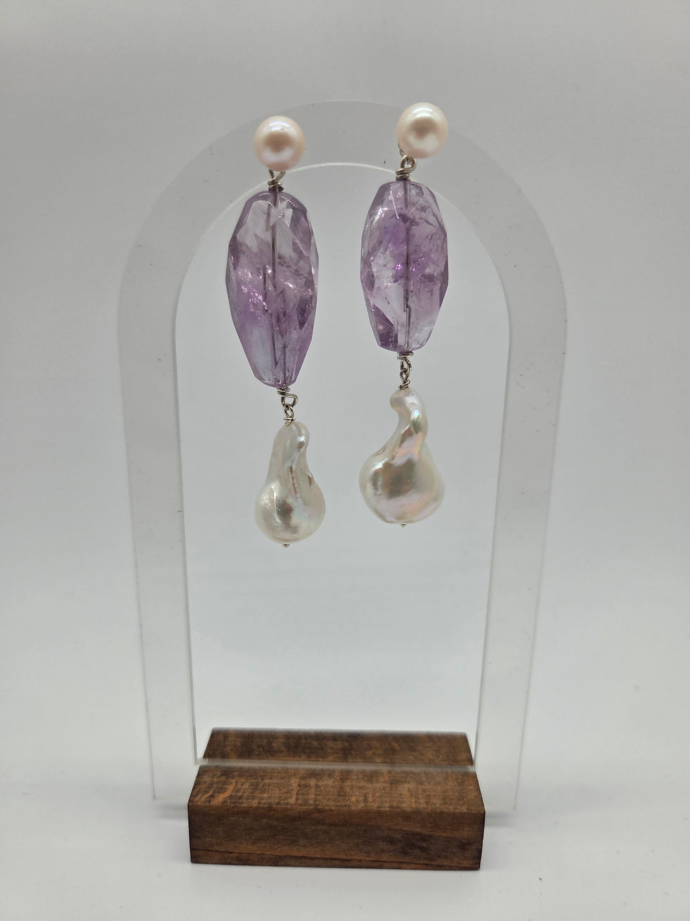 Thumbnail: Amethyst & baroque pearl stud earrings