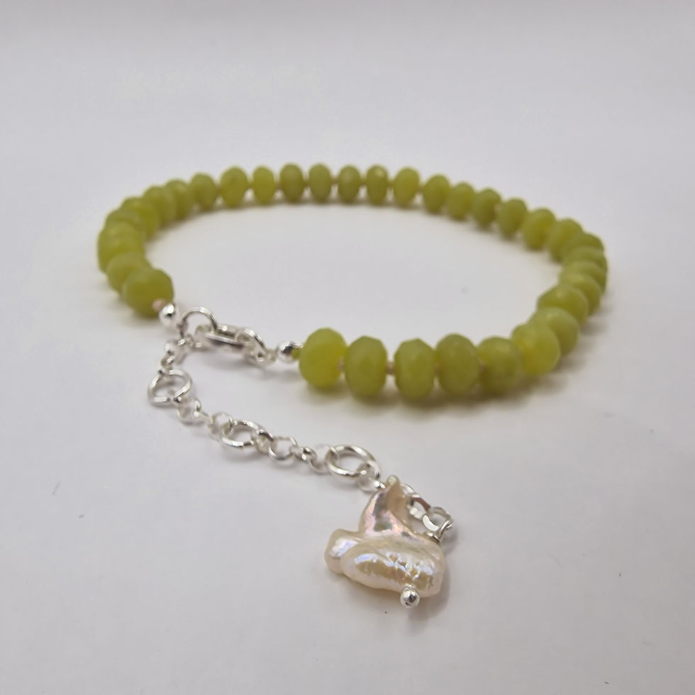Thumbnail: Hand knotted Olive Jade, Pearl, and sterling silver adjustable anklet
