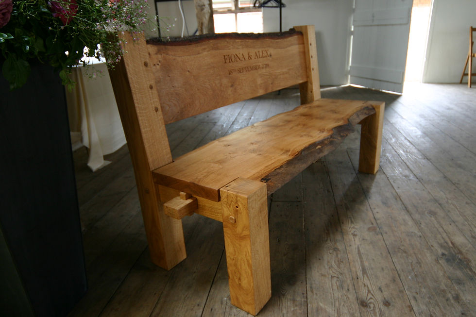 Thumbnail: Solid oak bench with personalised hand carved message.