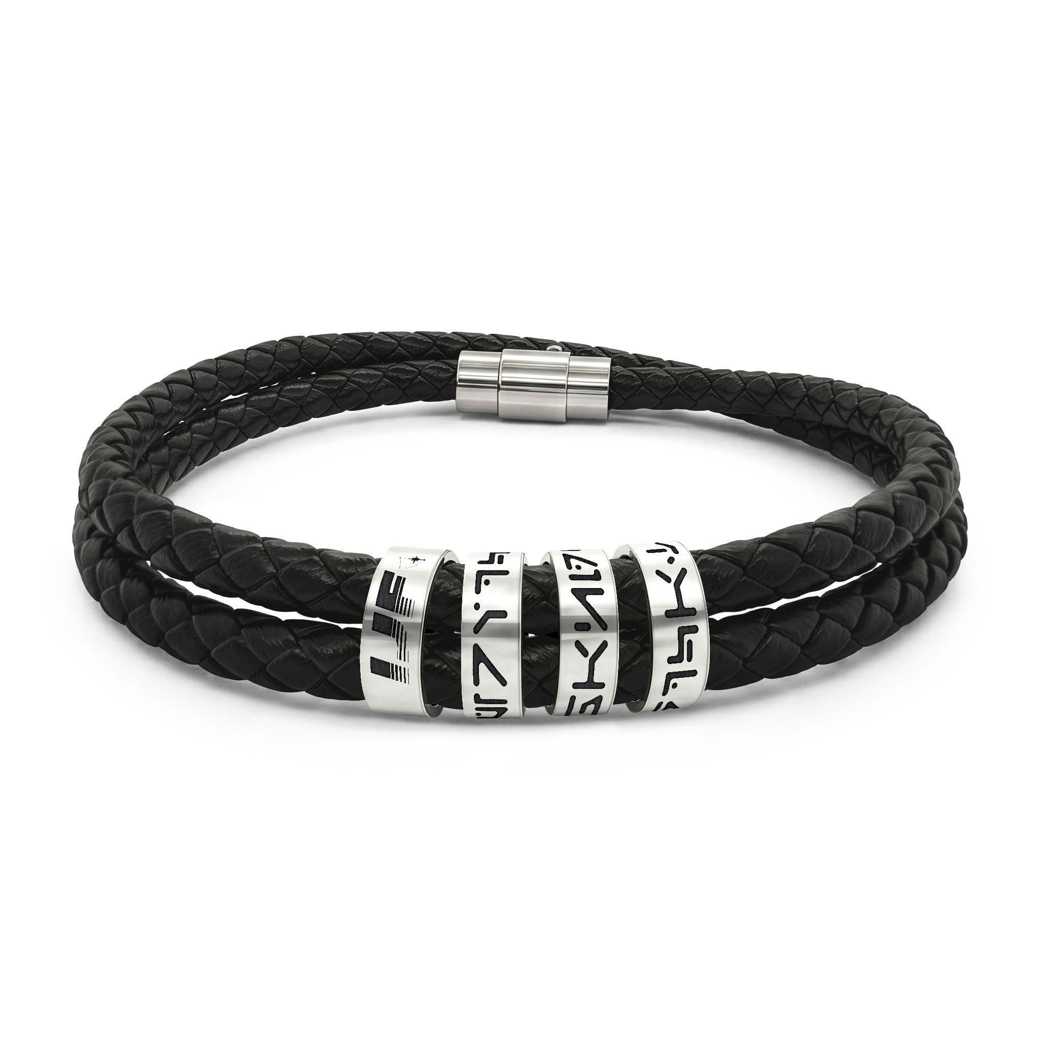 Engraved Black Braided Leather Bracelet: Service, Change, Dedication.