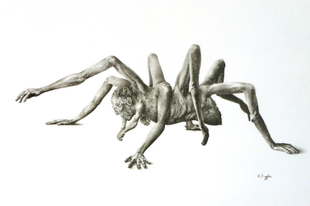 spider man monster drawing in charcoal pencil on white paper arms as legs