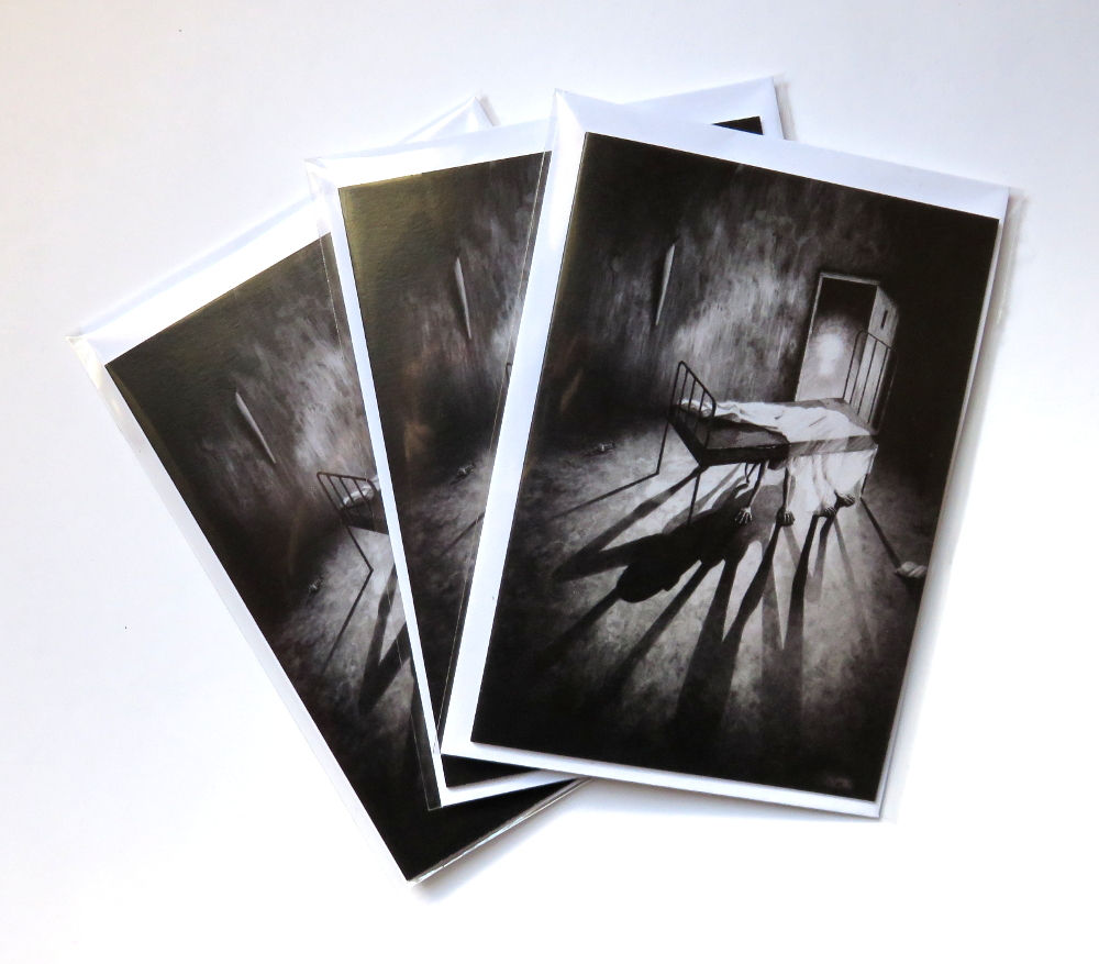 pack of three monster horror greeting cards in monochrome black and white