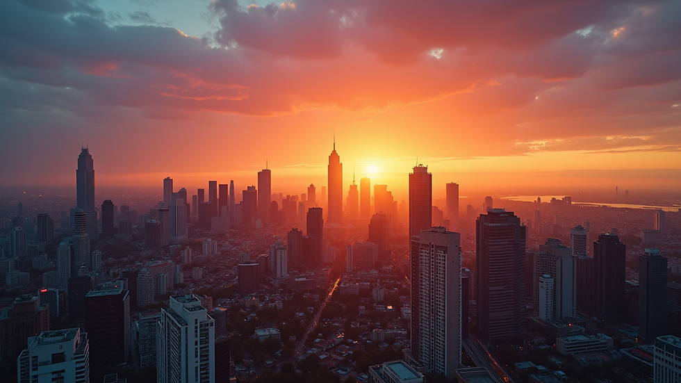 Eye-level view of a vibrant city skyline at sunset