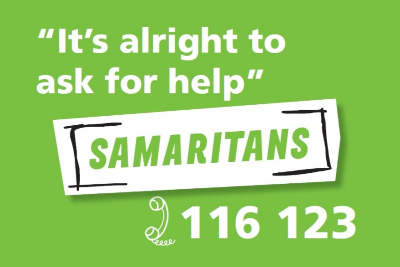 On a bold green is the slogan "It's alright to ask for help" and the Samaritans telephone number.