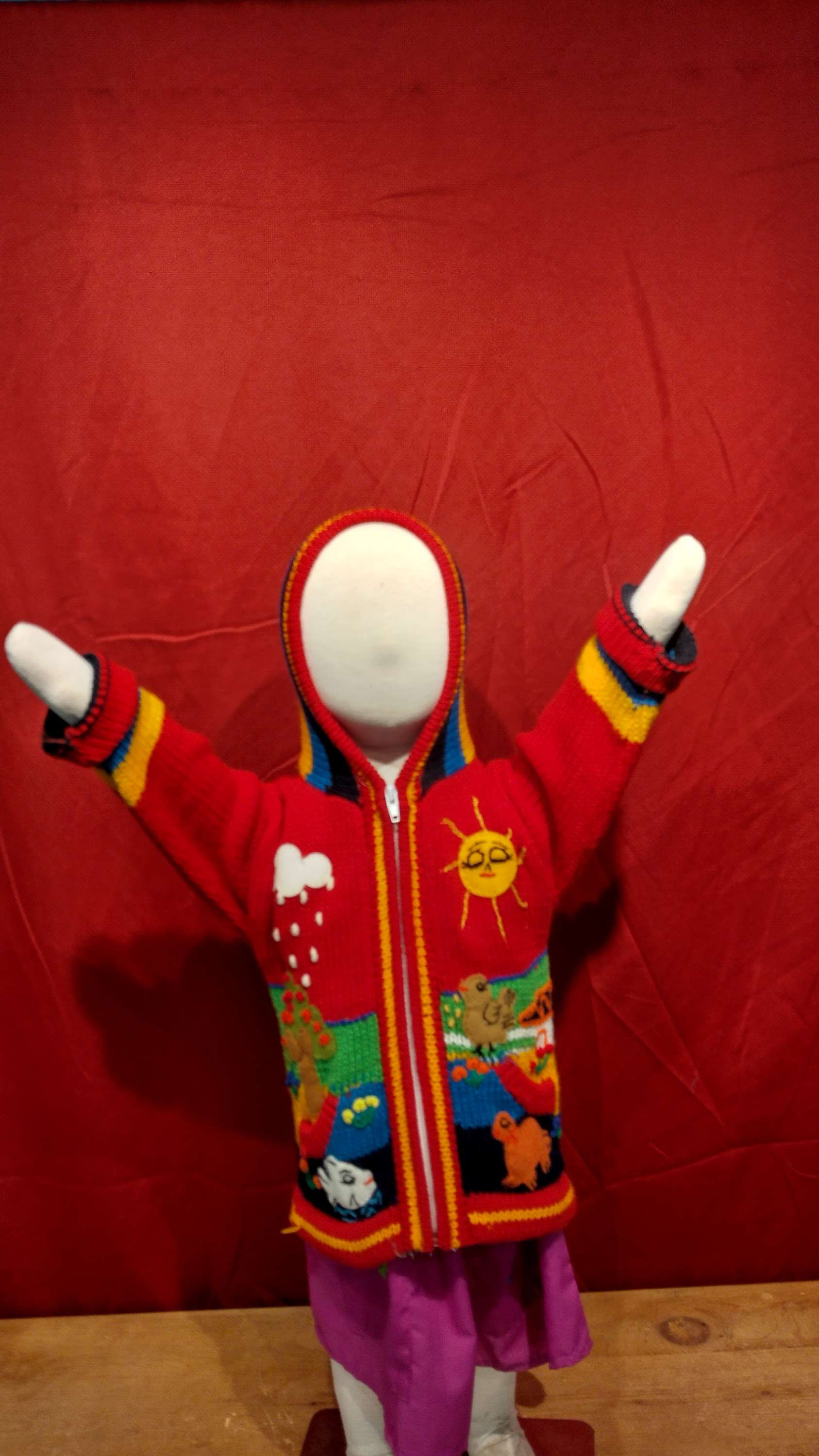 Children's hooded zip-up Peruvian hand applique.