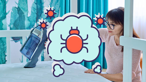 dust mite illustration on image with woman vacuuming a bed matress