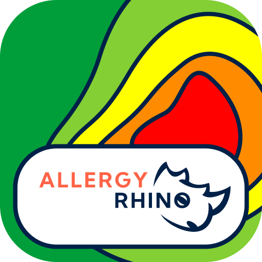 Stylized rainbow contour map with "Allergy Rhino" text on a label featuring a rhino logo, set against a green background.