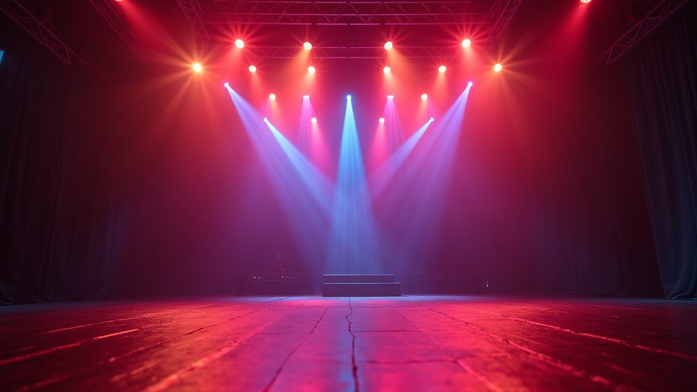 Eye-level view of a vibrant stage setup with colorful lights